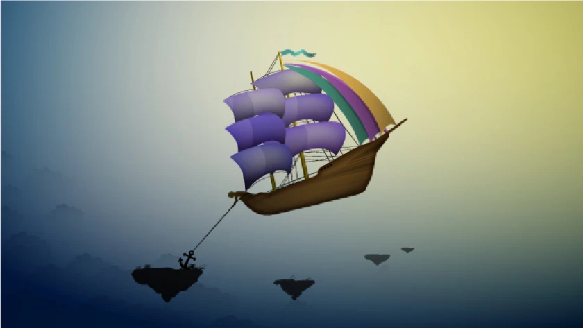 fliegendes Schiff ankert